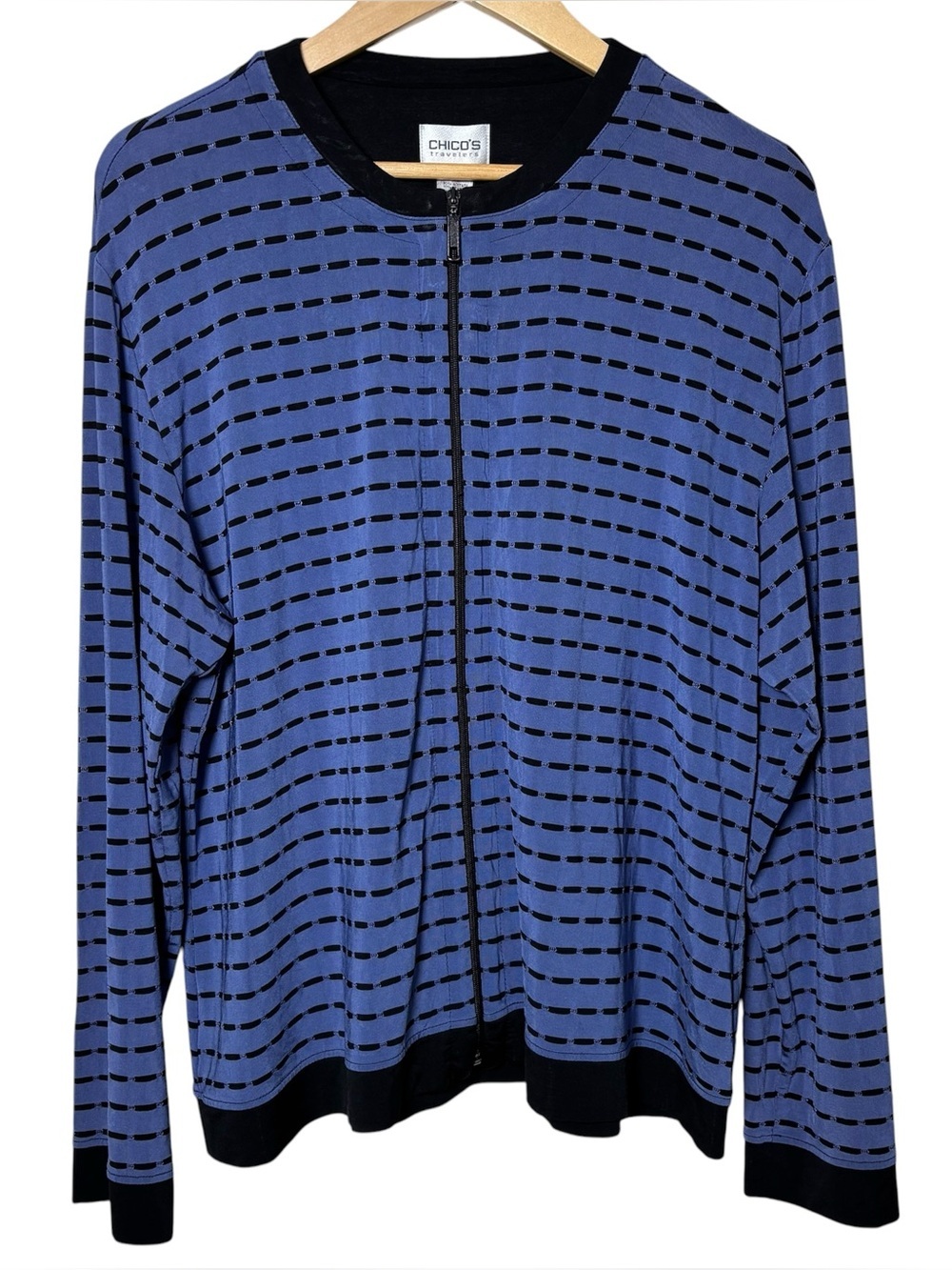 Chico's Travelers Jacket Size 3 XL Blue Black Stretch Women's Knit Full Zip Lux